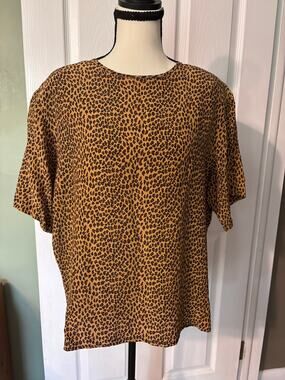 Jessica Lauren 100% Silk Blouse Women's Large VINTAGE Leopard Print
